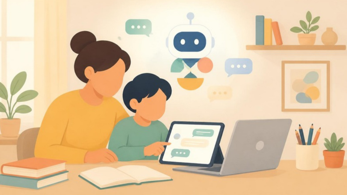Illustration: Elternteil und Kind probieren gemeinsam einen KI-Chatbot auf Tablet und Laptop aus