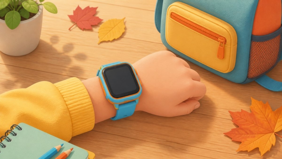Kinderhand mit bunter Smartwatch neben Schulrucksack und Herbstlaub