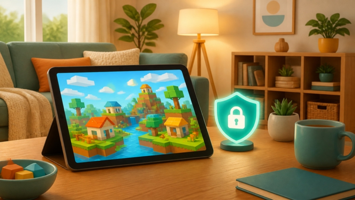 Tablet mit bunter Spielewelt aus Blöcken neben einem Schutzschild-Symbol mit Schloss