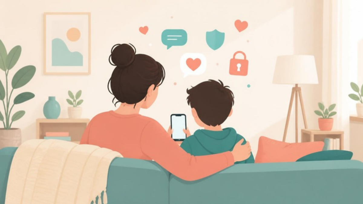 Illustration: Elternteil und Kind sitzen auf dem Sofa und schauen gemeinsam auf ein Smartphone, umgeben von Symbolen für Likes, Nachrichten und Sicherheit